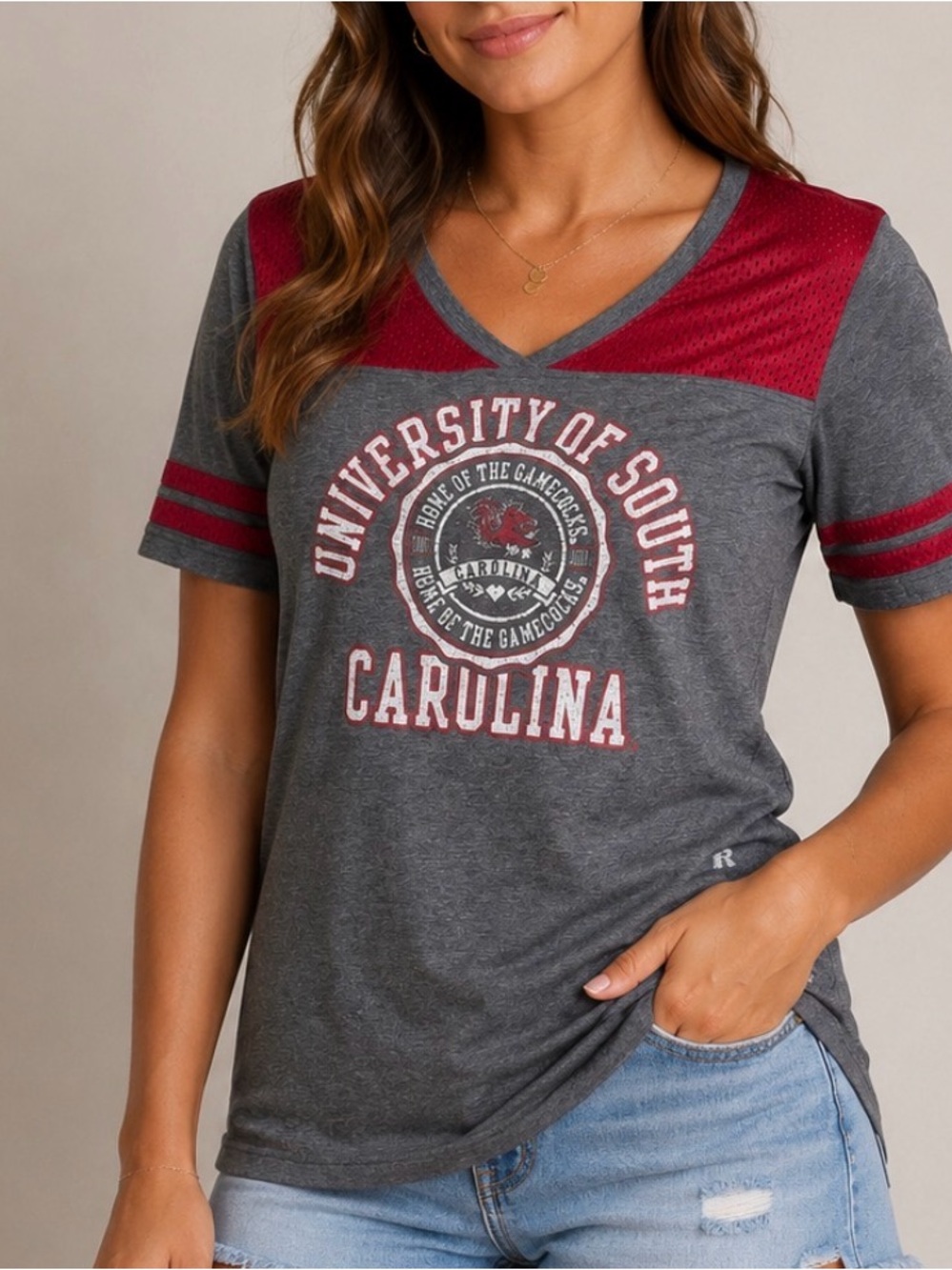 Russell Athletic Gray & Garnet University of South Carolina V-NeckTee SZ XLG